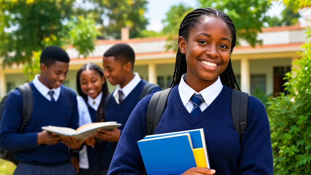Ugandan secondary school students smiling outside their school